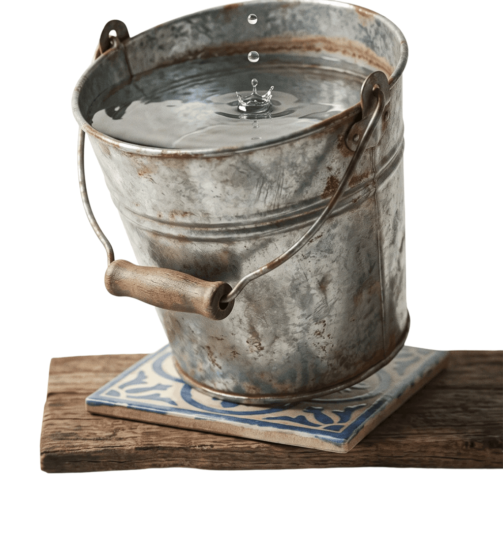 A galvanised bucket brimming with water, a drop rippling the surface.