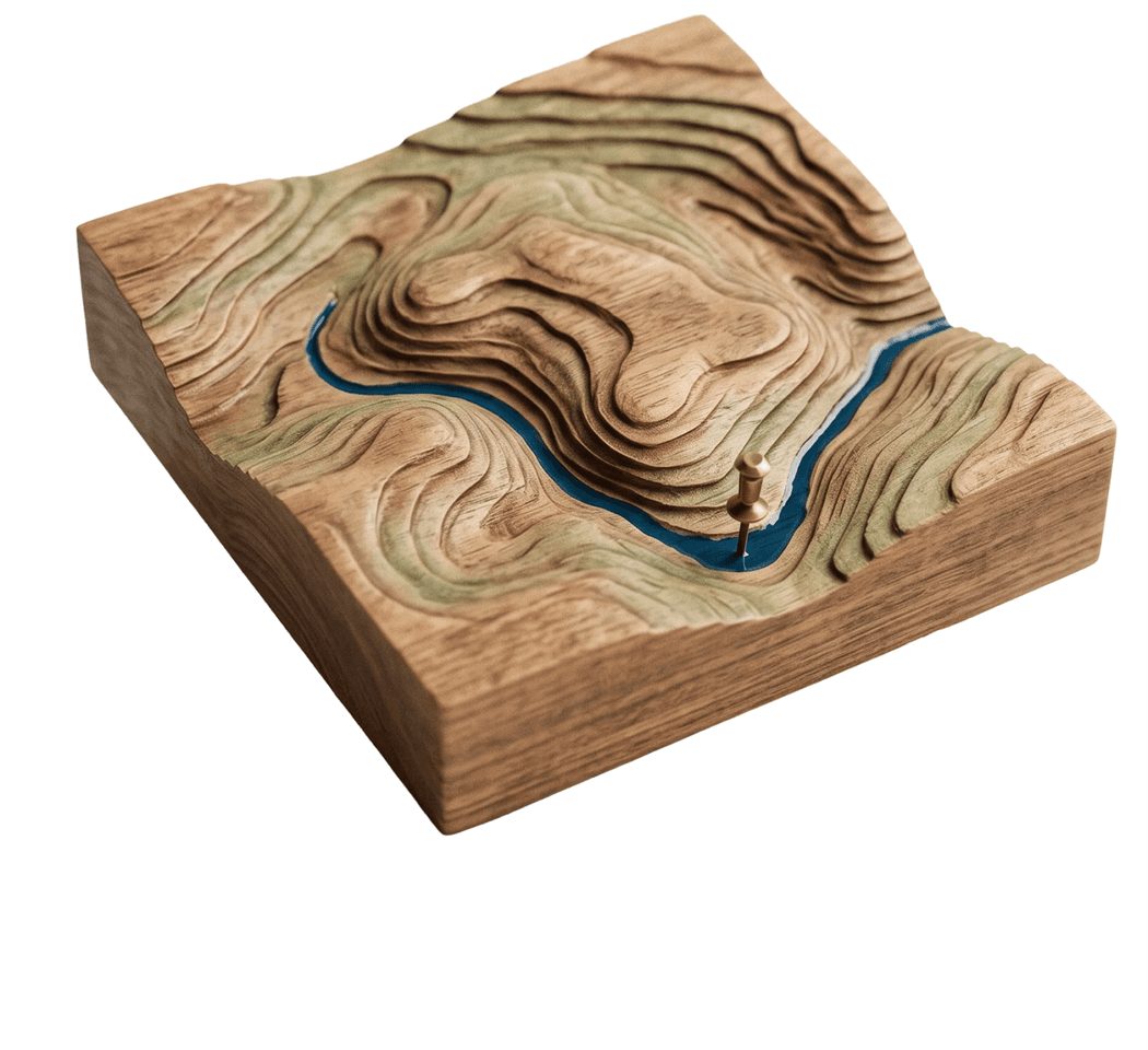 A carved wooden topographic model of the terrain, with a blue river winding through the contours.