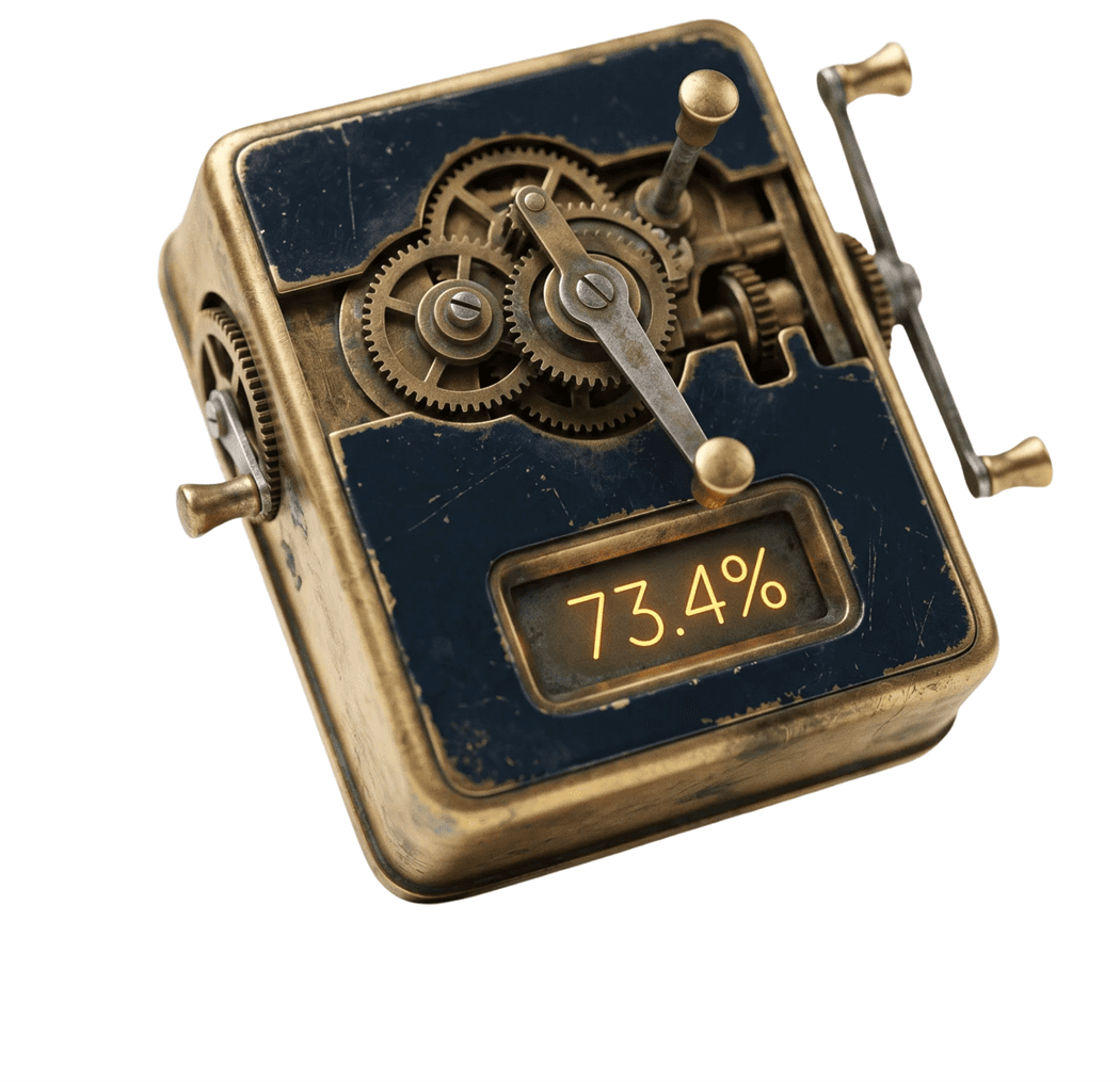 An ornate brass machine of gears with a lit display reading 73.4%.
