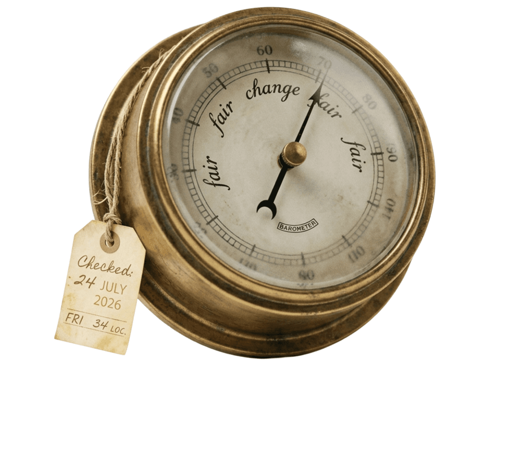 A brass barometer dial pointing between “change” and “fair”, tagged “Checked: 24 July 2026”.