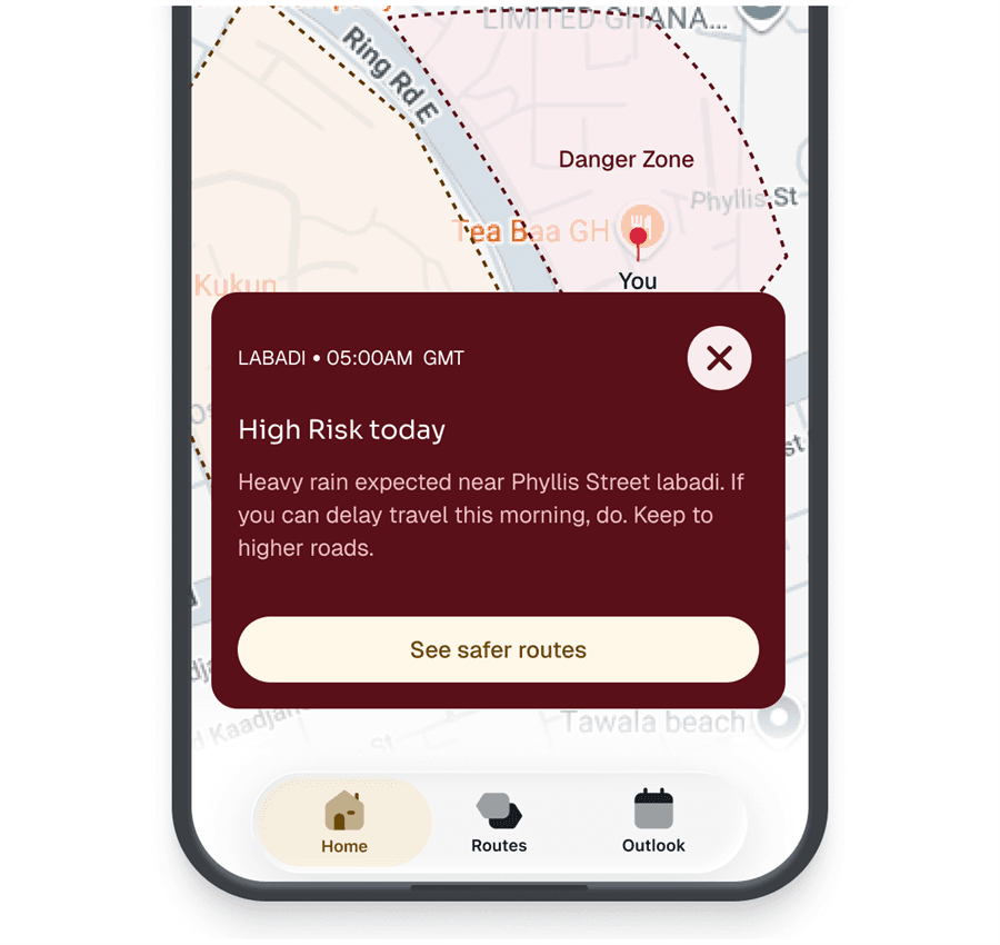 The ARK app showing a High Risk flood alert for Labadi, with a map and a “See safer routes” button