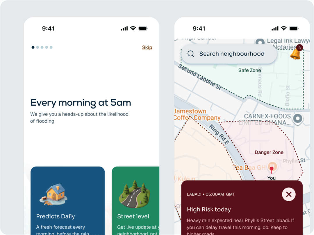 The ARK resident app: a 5am morning heads-up screen and a neighbourhood map with a High Risk alert for Labadi.